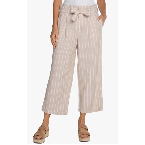 LIVERPOOL PANTS WOMENS XLARGE WIDE CROP COTTON LINEN STRIPE TROUSER TAN NEW - Picture 1 of 14